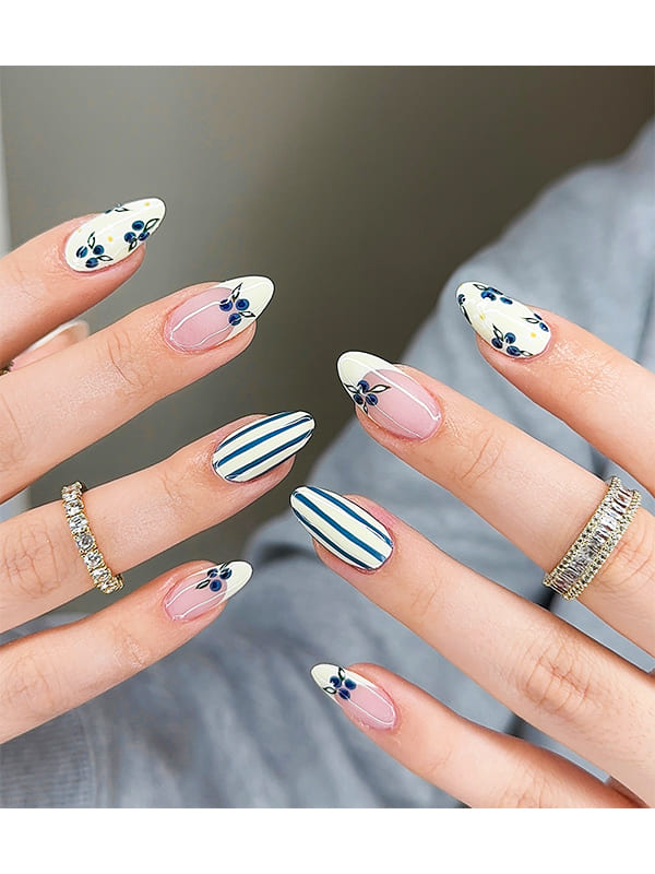 Almond Shape Pastel Nails with Floral Design