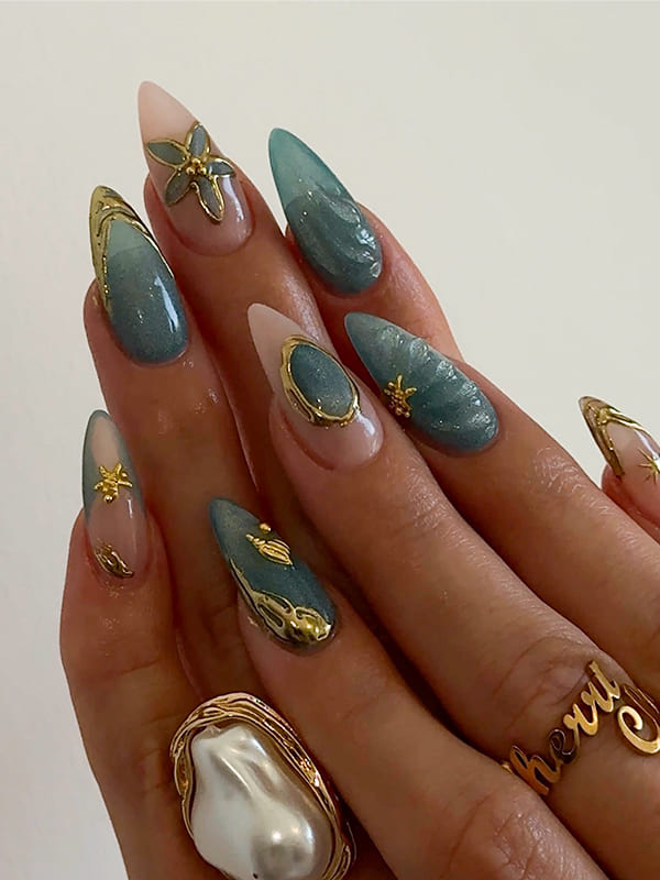 Baby Blue Pastel Nails with Delicate Floral Art