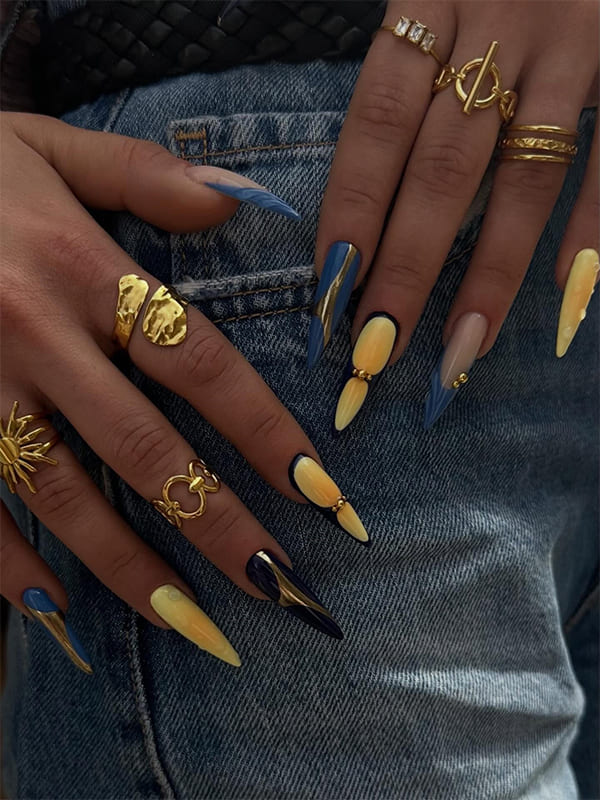 Blue And Yellow Spring Nails