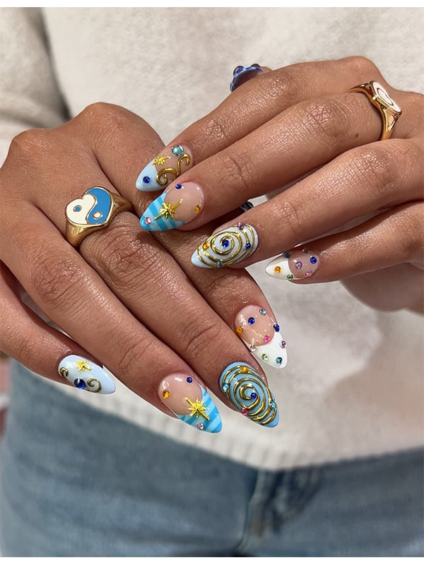 Elegant Long French Tips with Gold Spiral and Tiny Dots