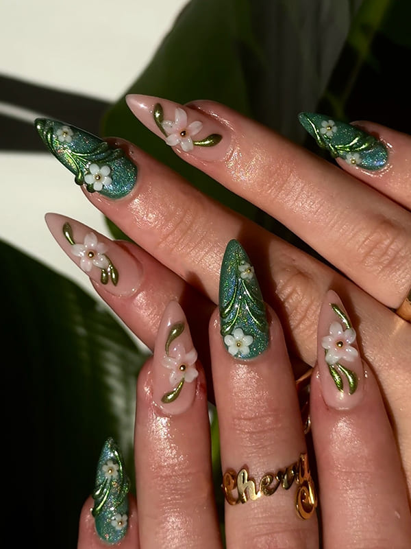 Fresh Mint Green Nails with Spring Flower Art