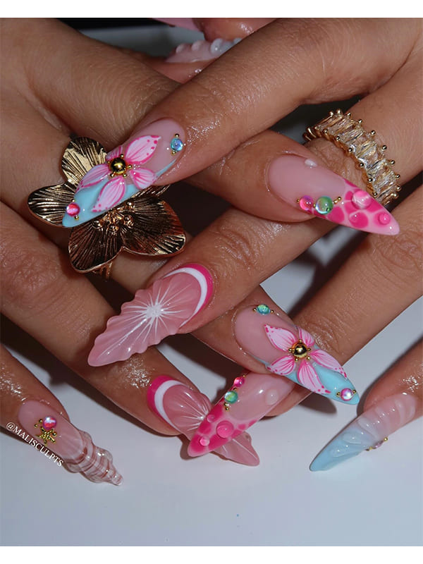 Glossy Pastel Spring Nails with Floral Pattern