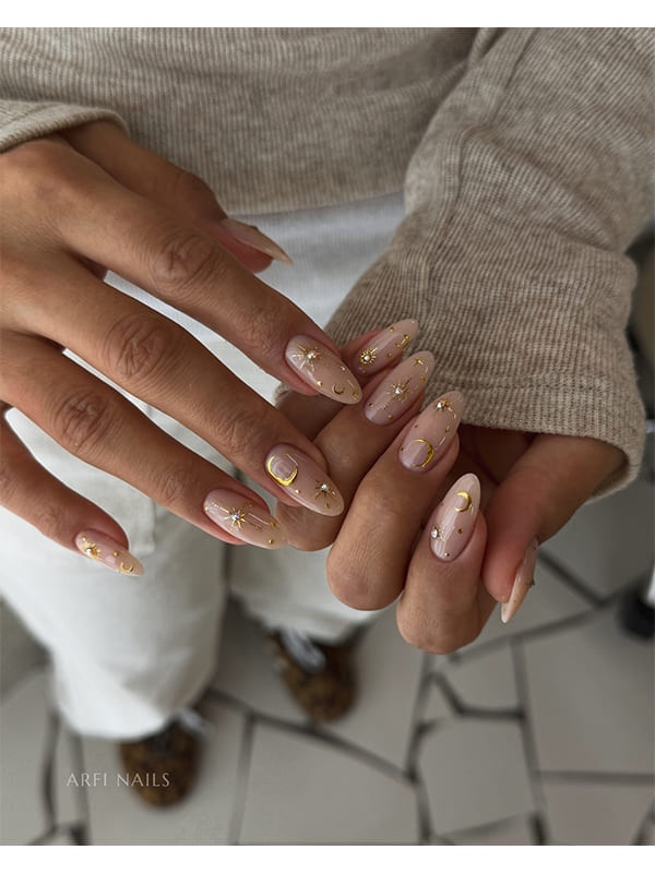 Gold Moon and Stars on Nude Nails