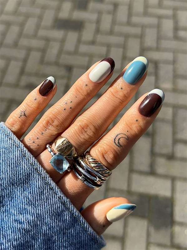 Light Blue, Brown, and White Nail Combo