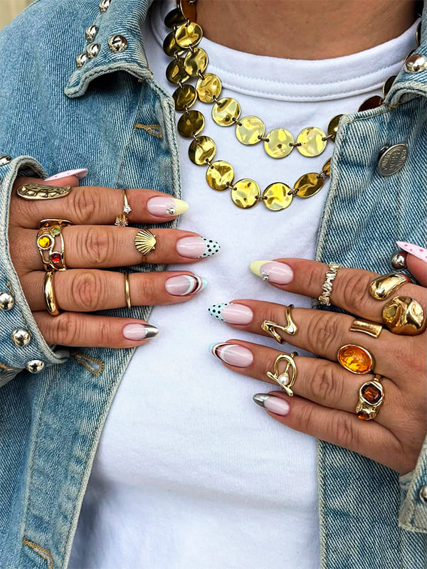 Long French Tip Nails with Dot Accents