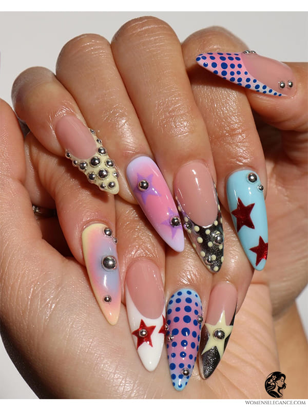 Metallic Dots with Colorful Nails and Star Accents