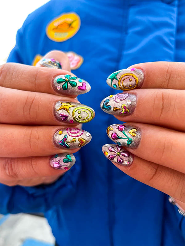 Minimal Flower Nail Art on Pastel Nails