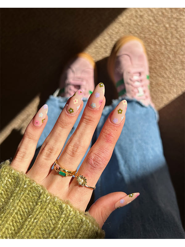 Natural Nude Nails with Pastel Flower Art