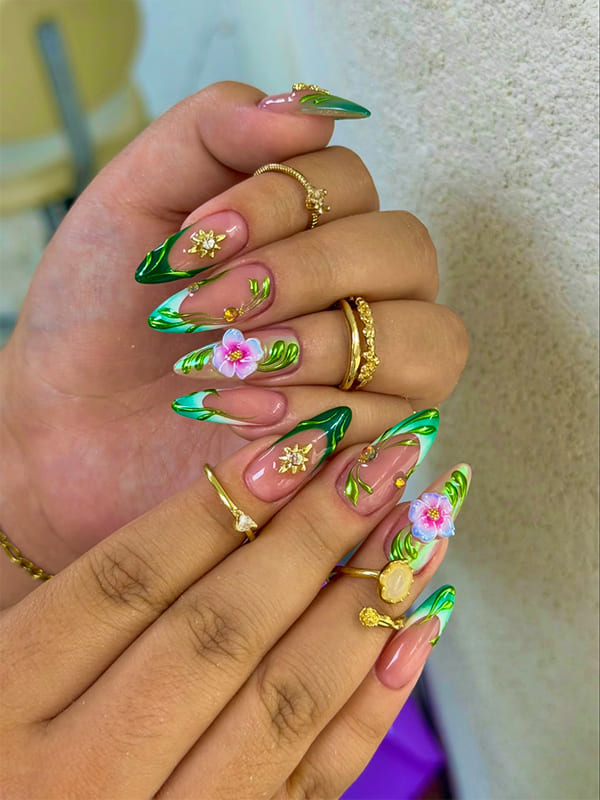 Pastel Pink Nails with Leafy Green Accents