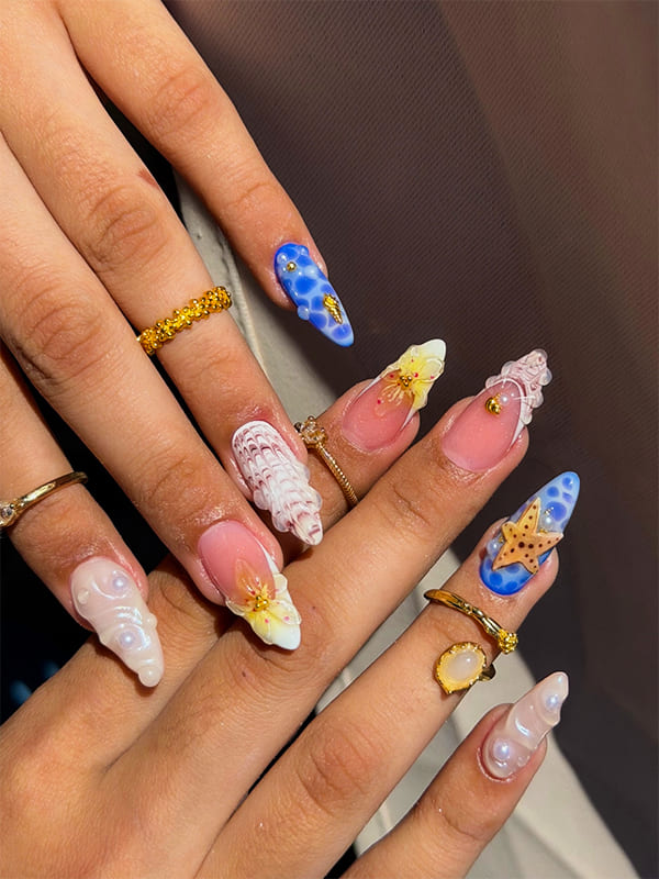 Sand Beige Nails with Tiny Seashells