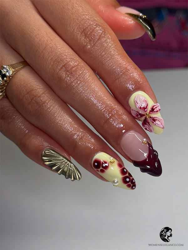 Simple Flower Nail Art on Nude Spring Nails