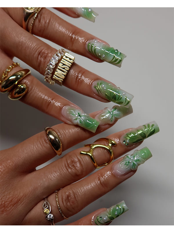 Transparent Spring Nails with Green Flower Pattern