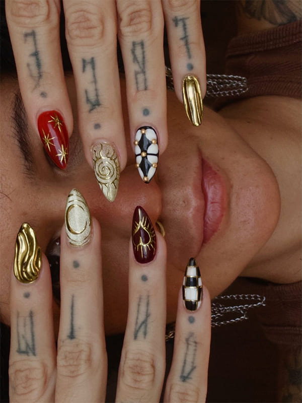 gold, red, and checkerboard accents