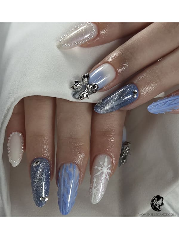 snowflake winter ice blue nails