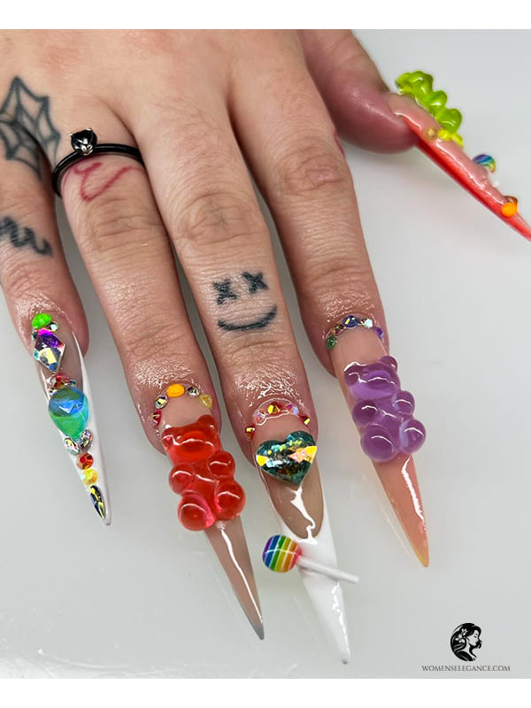 Glossy Ombre Nails with 3D Gummy Bear Details