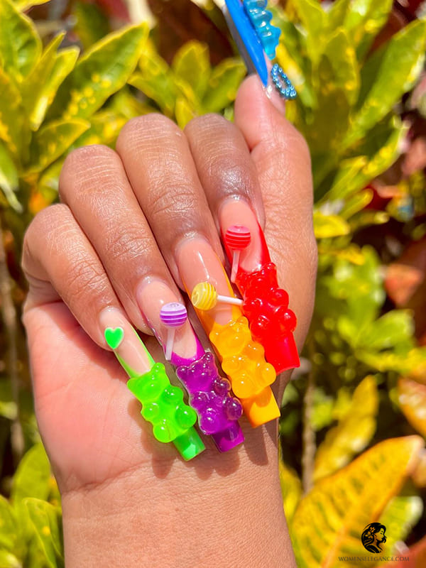 Long Acrylic Nails with 3D Gummy Bear Art