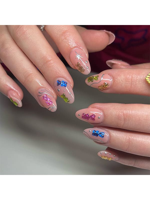 Soft Nude Nails with Colorful Gummy Bear Accents